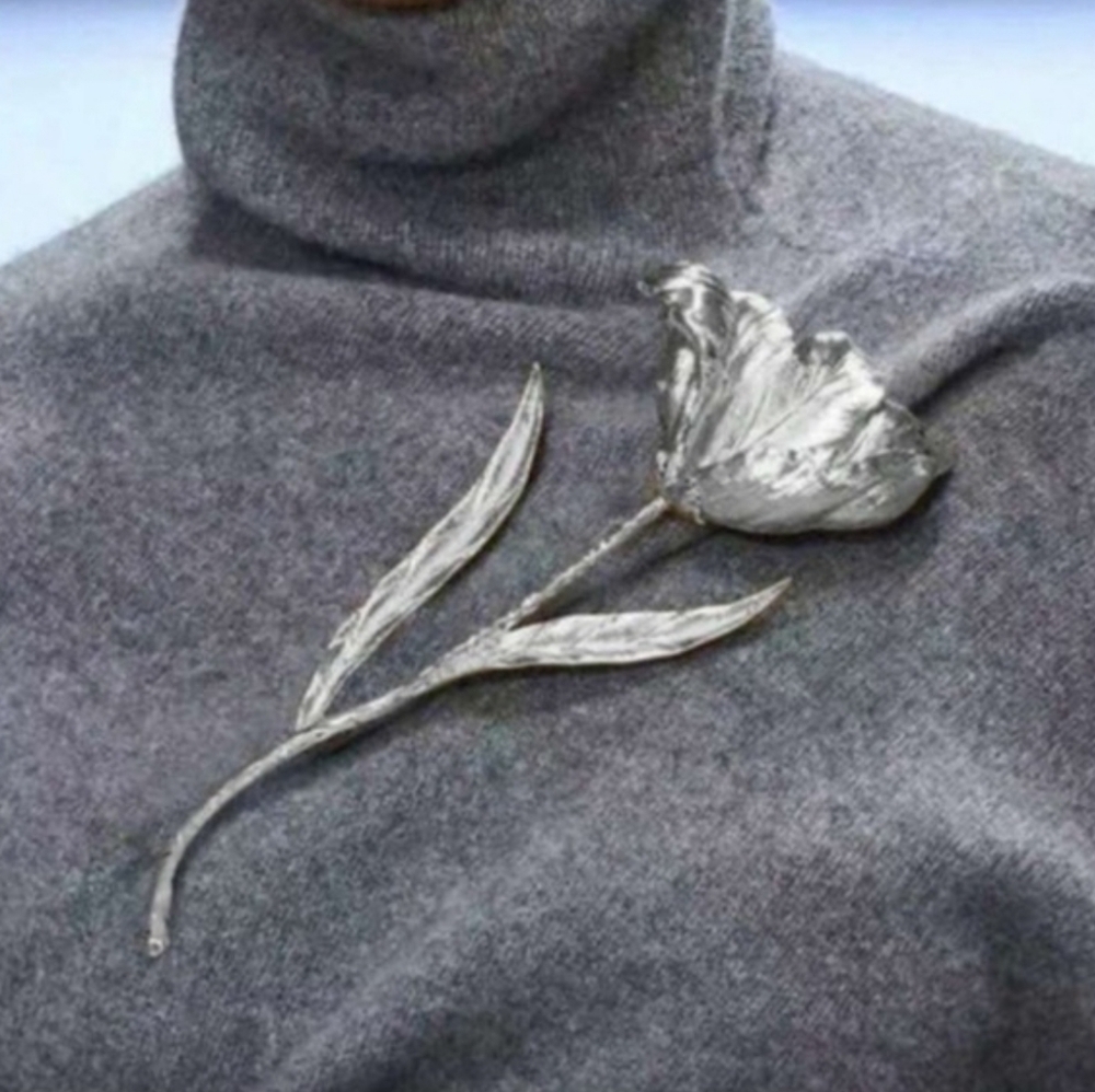 ZARA Silver Flower Satement Brooch Xl Floral Large| NWOT
